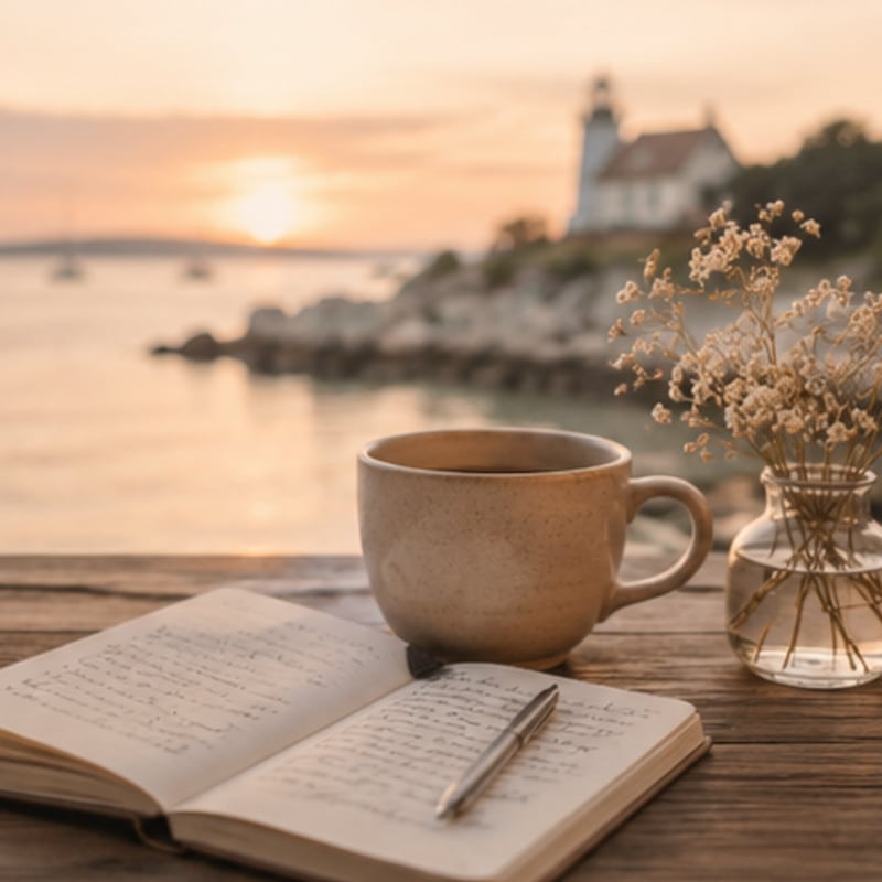An open journal and pen, a cup of coffee, and dried flowers on a table by a calm sunset bay