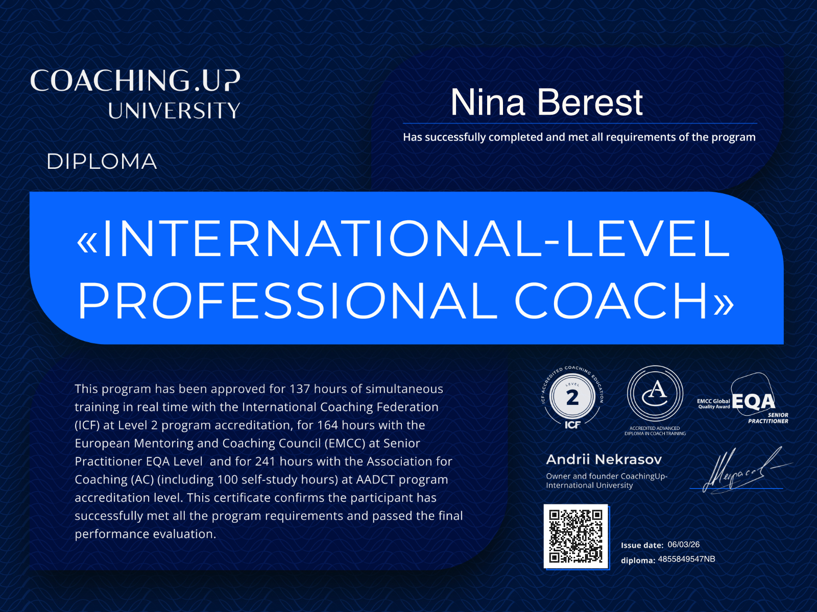 Diploma for International-Level Professional Coach
