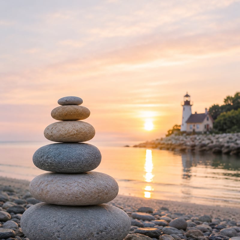 A stack of balanced beach pebbles at sunset, with a lighthouse across the water